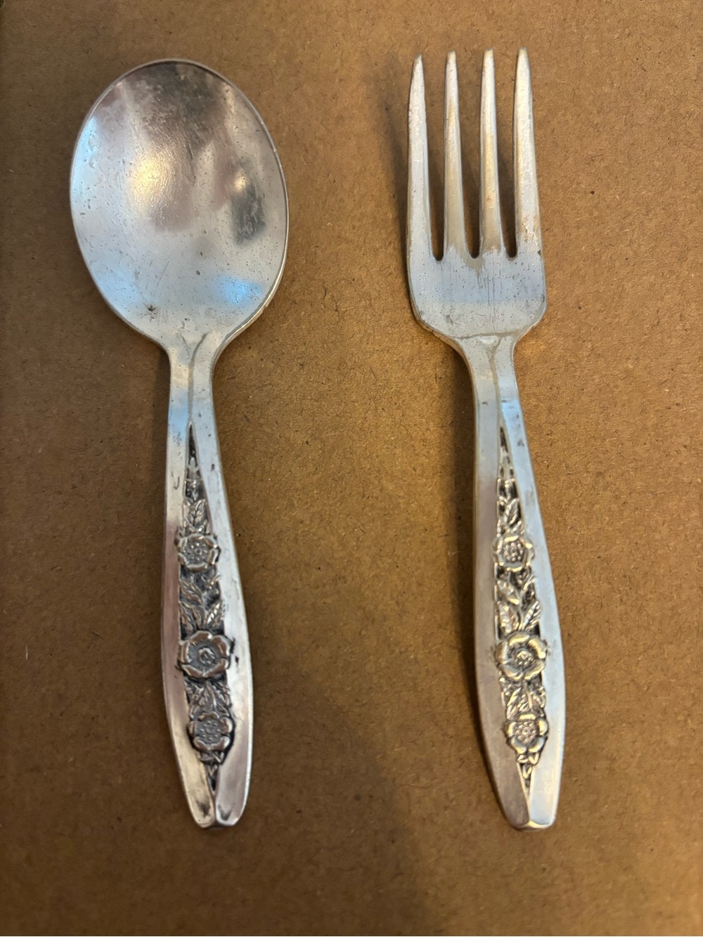 Vintage 1950s Wm Rogers & Son IS Silverplate Floral Baby Spoon and Fork RARE